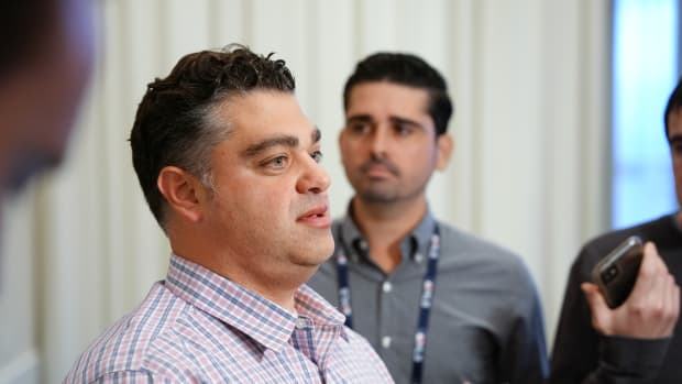Nov 8, 2022; Las Vegas, NV, USA; Los Angeles Angels general manager Perry Minasian answers questions to the media during the MLB GM Meetings at The Conrad Las Vegas. Mandatory Credit: Lucas Peltier-USA TODAY Sports  